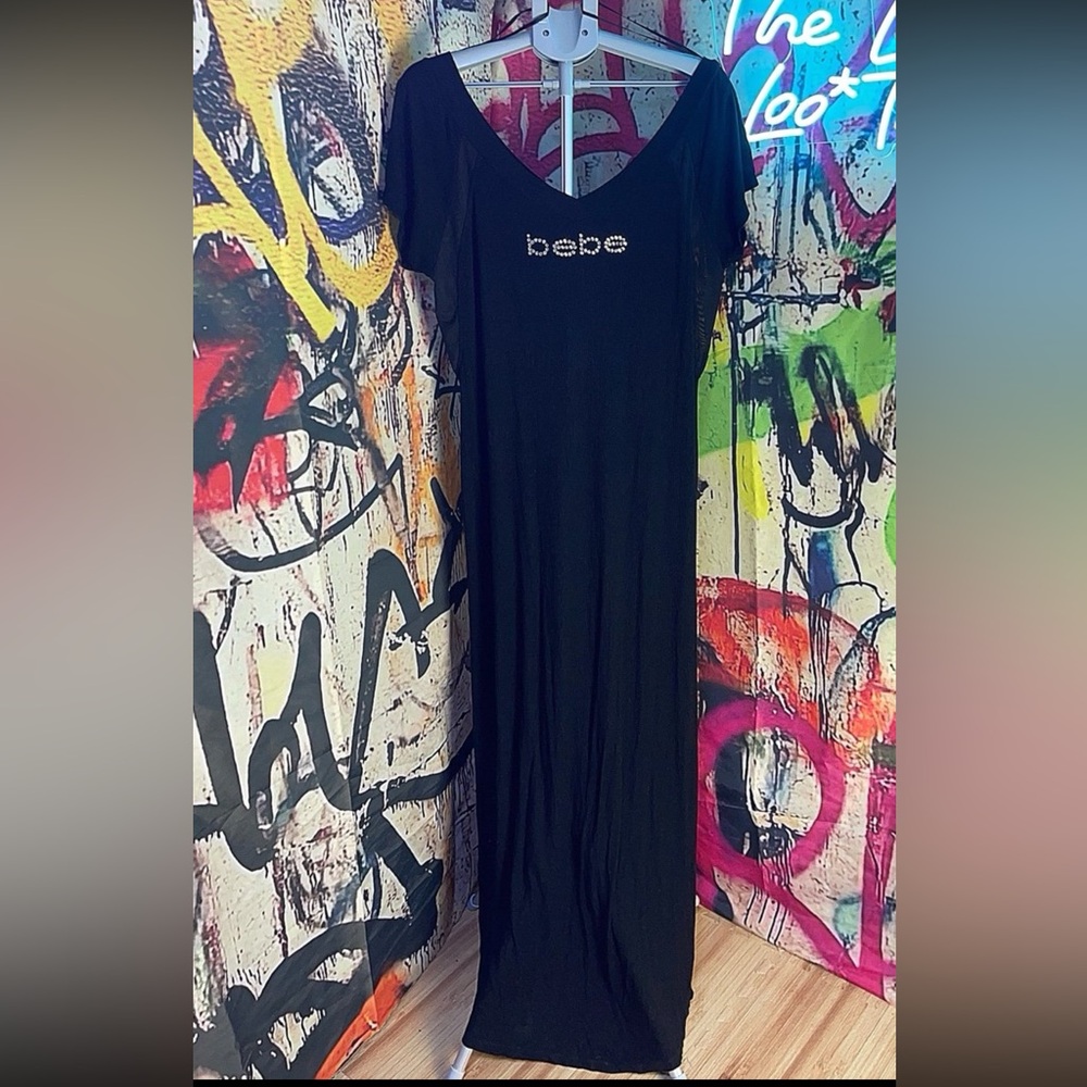 bebe Black Short Sleeve Maxi Dress with Rhinestone Logo • Sz.18/20 - Picture 12 of 12
